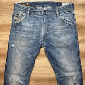 Diesel Jeans Men 33x34 Blue Krooley Slim Carrot DNA Cotton Destroyed Punk 008Y3